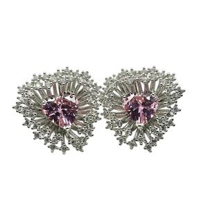 Silver & Pink Heart Floral Statement Stud Earrings White Gold Rhodium Zircon